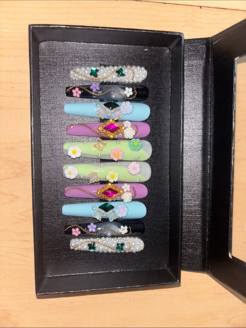 Decorative Press-On Nail Set with Pastel Florals and Gem Accents